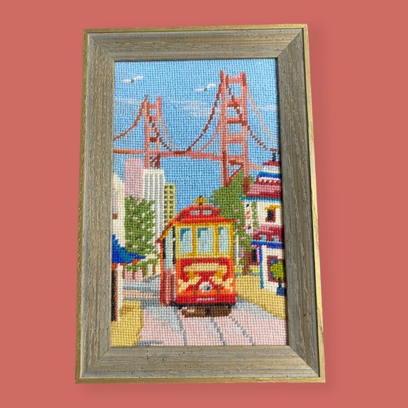 Other - 🌉 VTG SAN FRANCISCO CABLE CAR GOLDEN GATE BRIDGE NEEDLEPOINT FRAMED DATED 1977